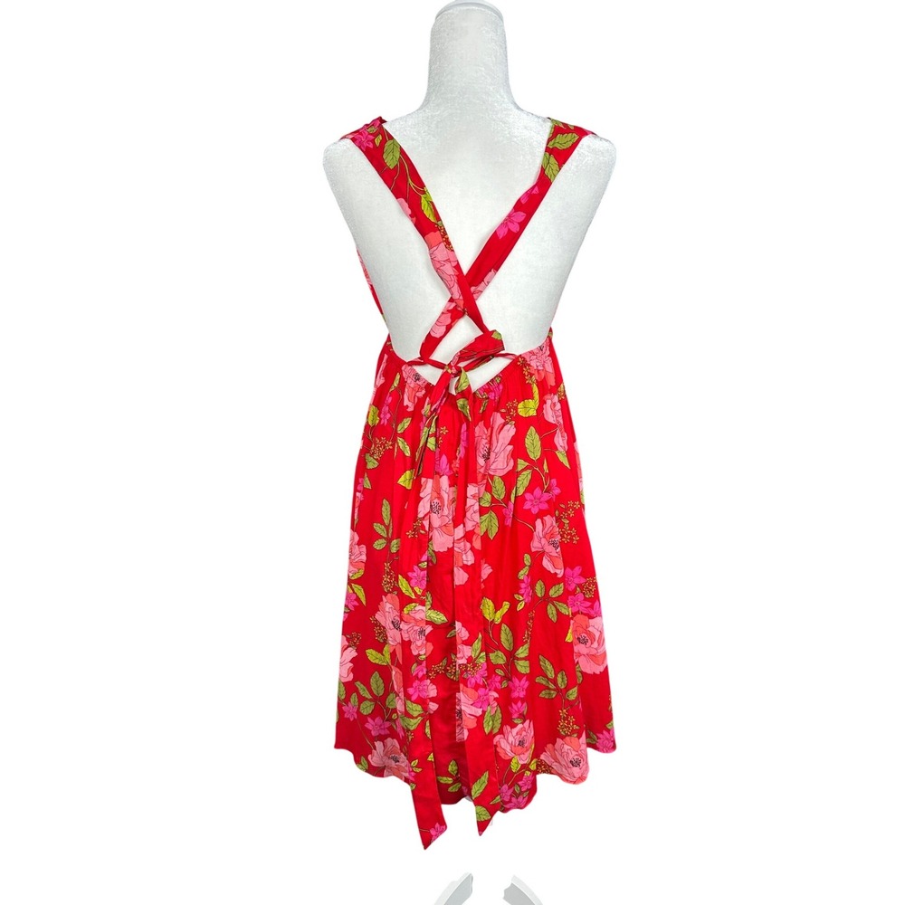 J.Crew Womens Floral Organic Cotton V Neck Sun Dress Red Large Summer Resort - Picture 5 of 11
